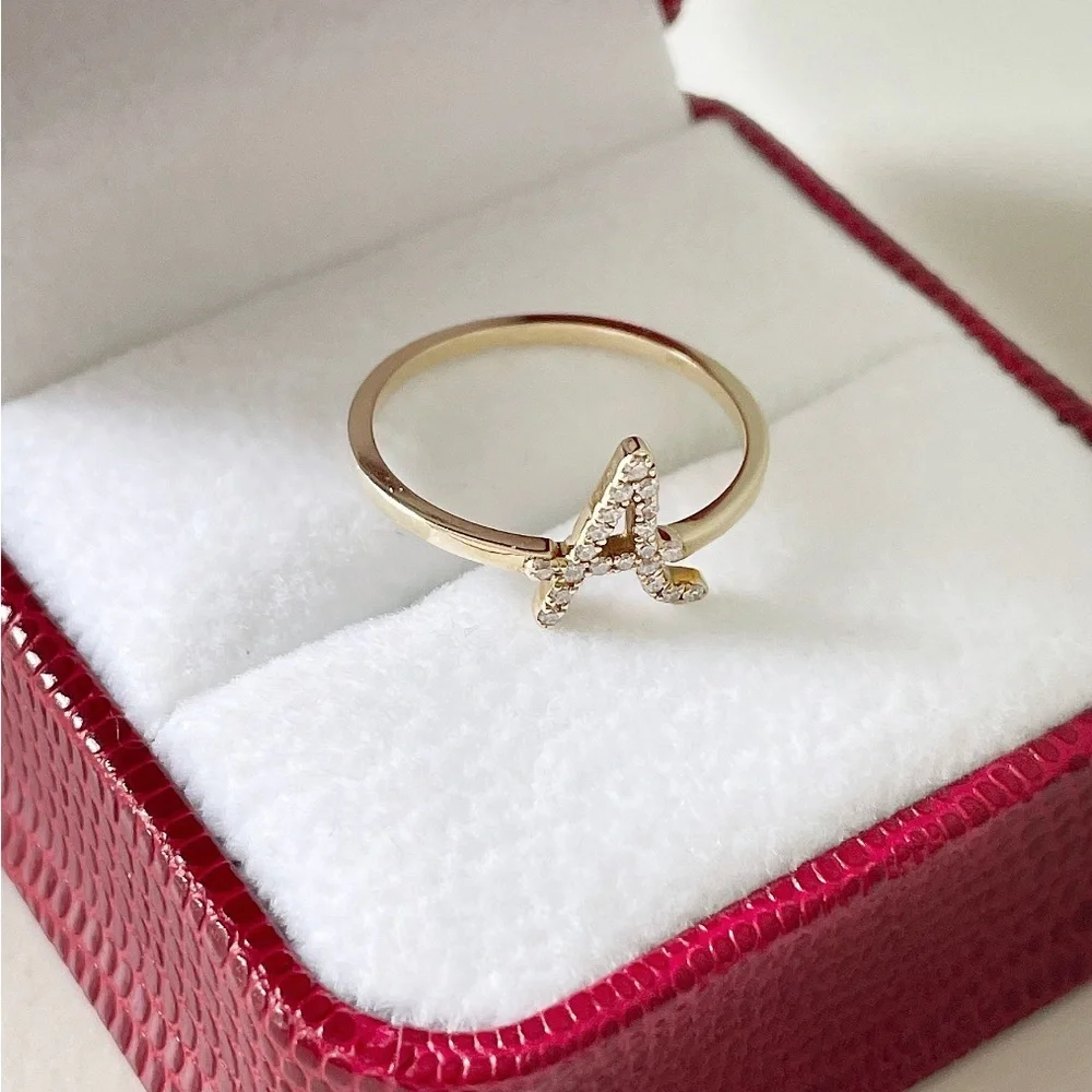 Diamond A Initial Ring 14k Yellow Gold